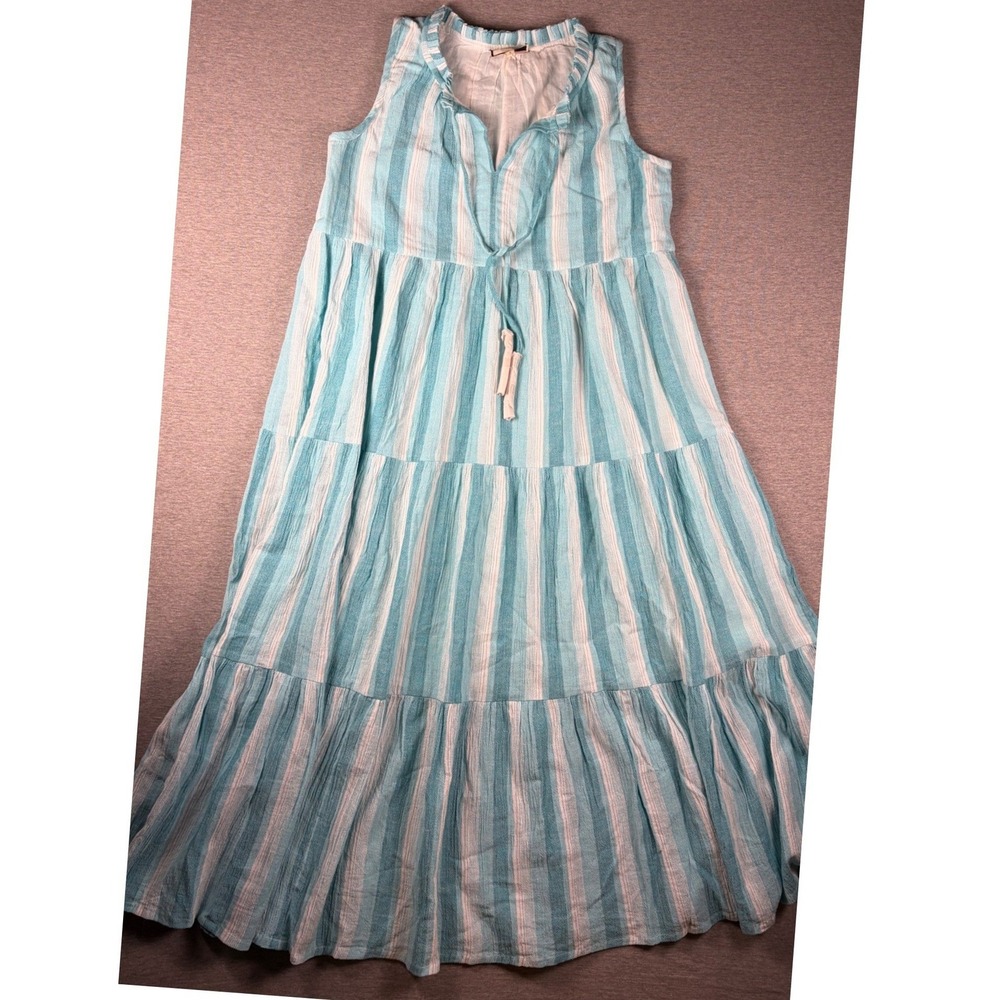 Tuckernuck Aquamarine Stripe Salty Paloma Caftan Midi Tiered Dress S